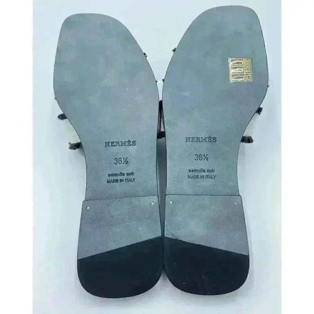 Hermes Oran Sandal Fringed Denim Slides Brown White 36.5 6.5 H Cut Out Leather - Picture 9 of 12